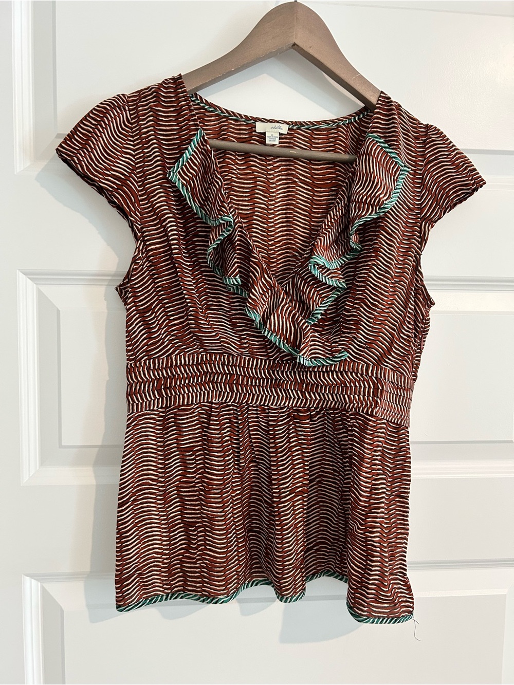 Odille Anthropologie Silk Blouse Brown Cream Size 6